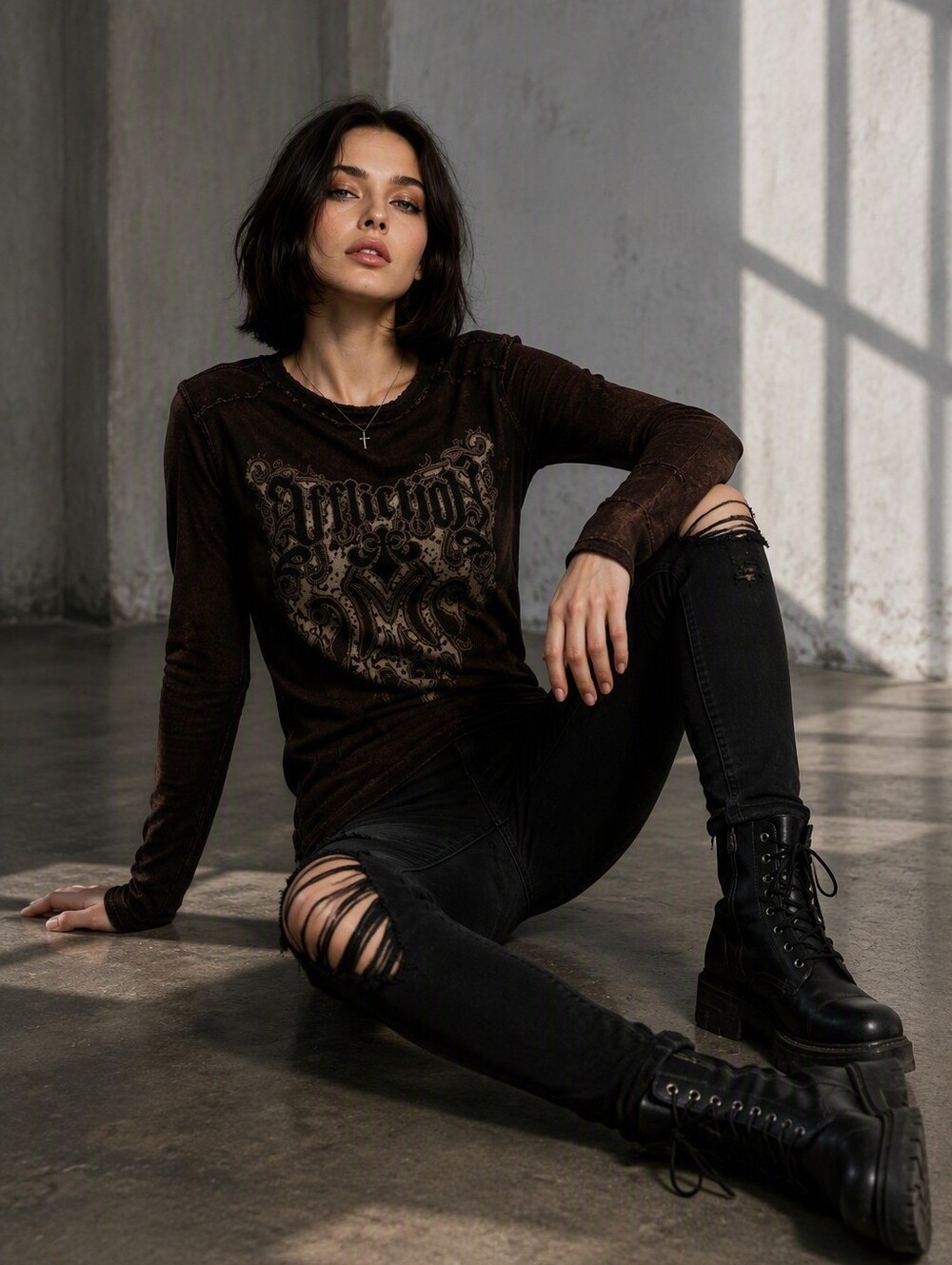 Affliction Secret Garden Reversible Thermal Top Large Rust Brown Y2K Gothic NWT